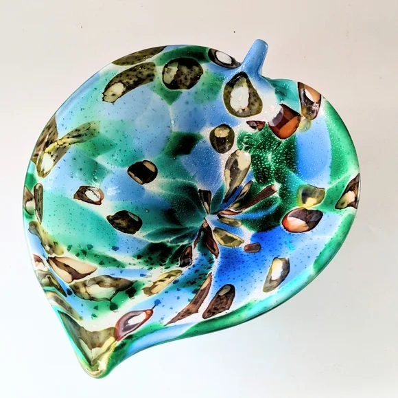 Vintage Murano Glass Leaf Bowl – Tutti Frutti Blue Green w/ Silver Flecks